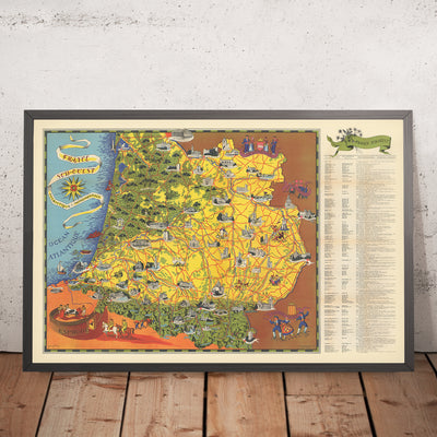 Pictorial Map of Southwestern France by Flornoy Jean, 1950: Toulouse, Bordeaux, Pyrenees, Garonne River, Way of St. James