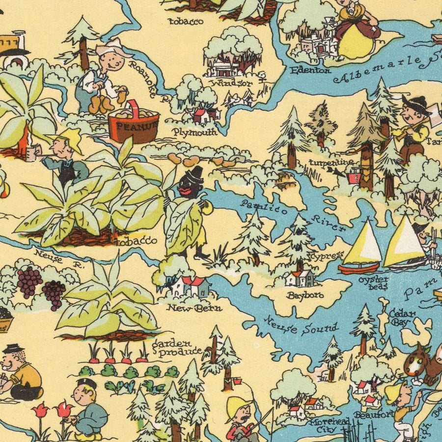 Mappa Pittorica Antica della Carolina del Nord di Ruth Taylor White, 1935: Charlotte, Raleigh, Monti Appalachi, Outer Banks, Fabbriche Tessili 