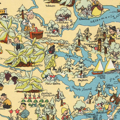 Old Pictorial Map of North Carolina by Ruth Taylor White, 1935: Charlotte, Raleigh, Appalachian Mountains, Outer Banks, Textile Mills