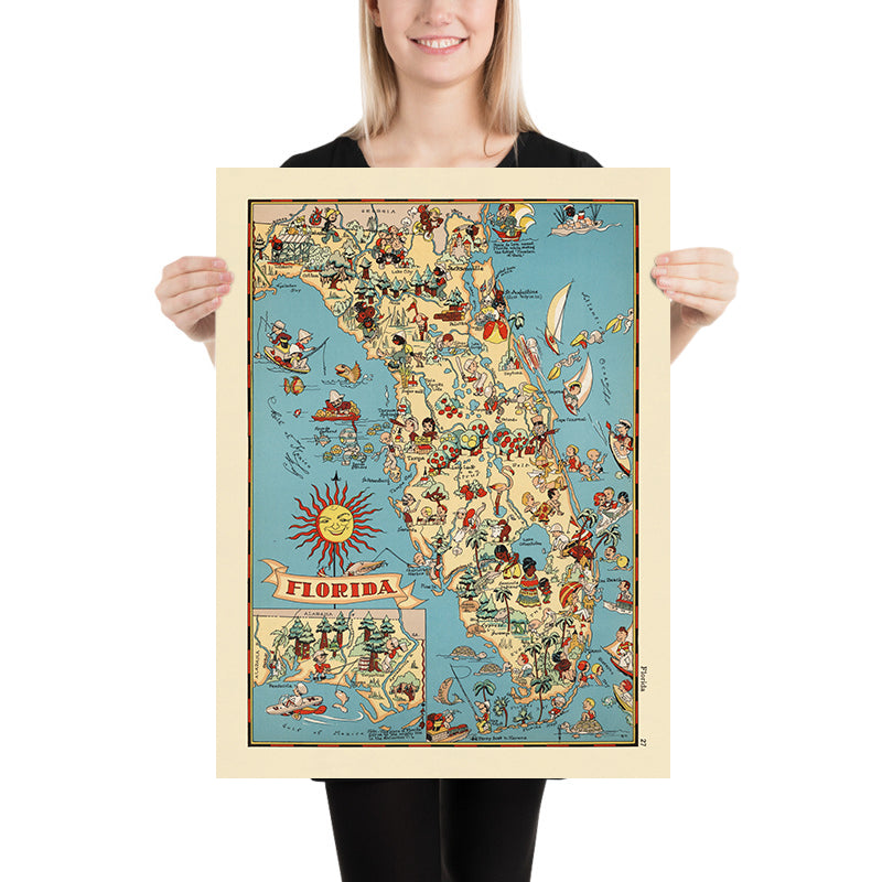 Mappa Pittorica della Florida di Ruth Taylor White, 1935: Everglades, Miami, Orlando, Keys, Frutteti di Agrumi 