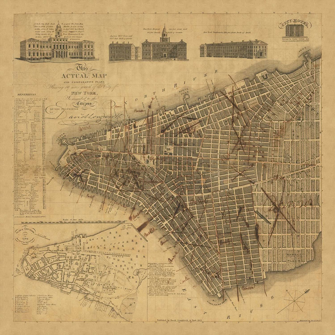 Ancienne carte de New York par Longworth, 1817 : Hôtel de ville, Broadway, Wall St, Lyne Plan, City Hotel