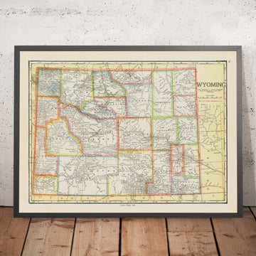 Old Map of Wyoming, 1925: Cheyenne, Casper, Yellowstone NP, Tetons, Continental Divide