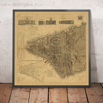 Vecchia mappa di New York di Longworth, 1817: City Hall, Broadway, Wall St, Lower Manhattan 