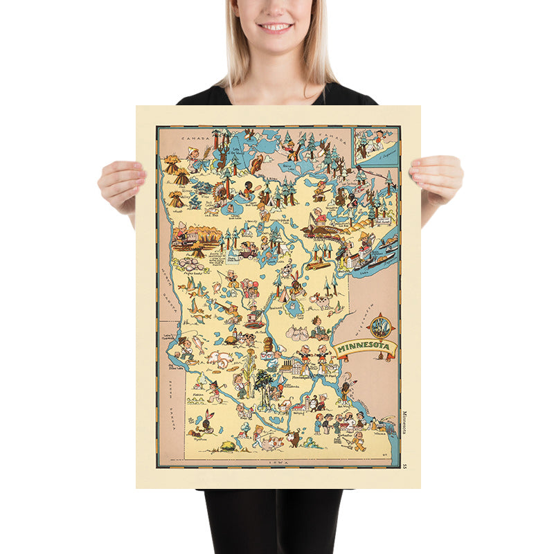 Mappa Pittorica del Minnesota di Ruth Taylor White, 1935: Minneapolis, Saint Paul, Duluth, Terra dei 10.000 Laghi, Industria del Legname 