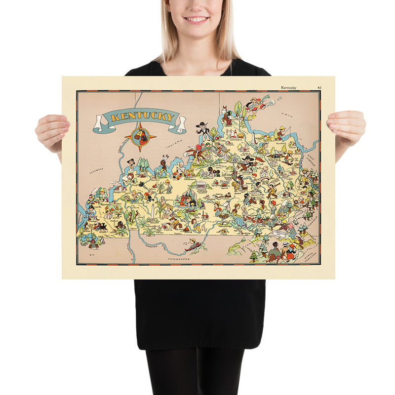 Mappa Pittorica del Kentucky di Ruth Taylor White, 1935: Louisville, Lexington, Corse di Cavalli, Bourbon, Appalachi 