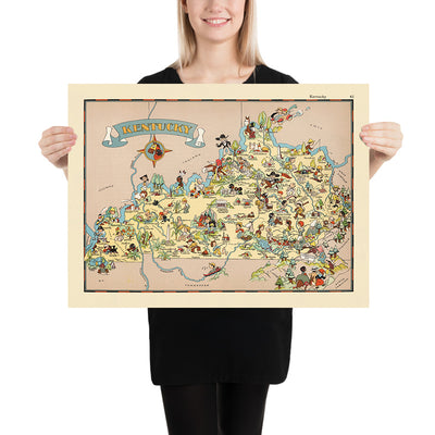 Pictorial Map of Kentucky by Ruth Taylor White, 1935: Louisville, Lexington, Horse Racing, Bourbon, Appalachians