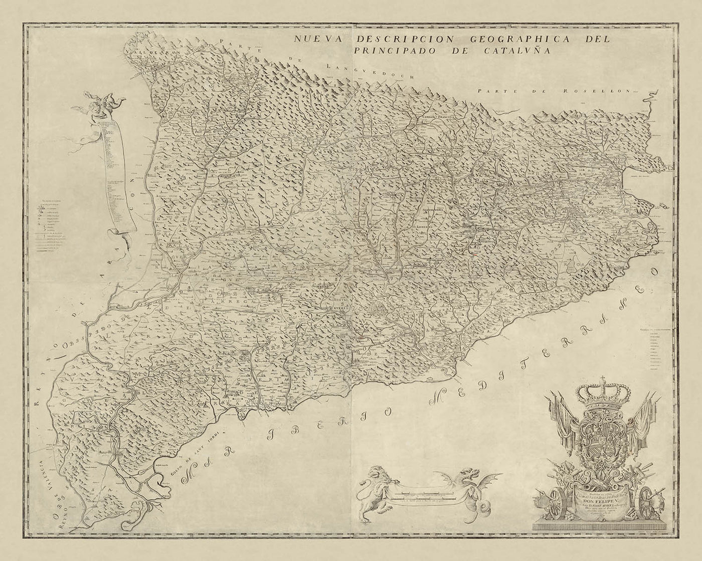 First Large Map of Catalonia by Aparici, 1769: Barcelona, Girona, Pyrenees, Ebro River, Bourbons