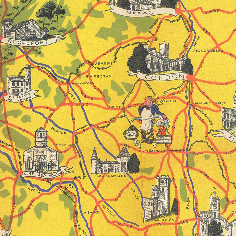 Pictorial Map of Southwestern France by Flornoy Jean, 1950: Toulouse, Bordeaux, Pyrenees, Garonne River, Way of St. James