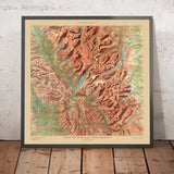 Ancienne carte en relief du parc national des Glaciers, Montana, 1914 : Logan Pass, lac St. Mary, lac McDonald, Many Glacier, Chief Mt 
