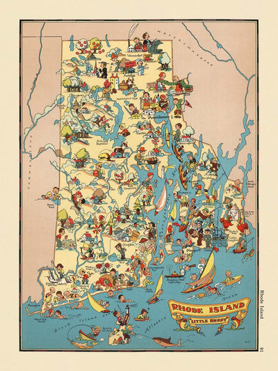 Pictorial Map of Rhode Island by Ruth Taylor White, 1935: Providence, Newport, Narragansett Bay, Lighthouses, Textile Mills