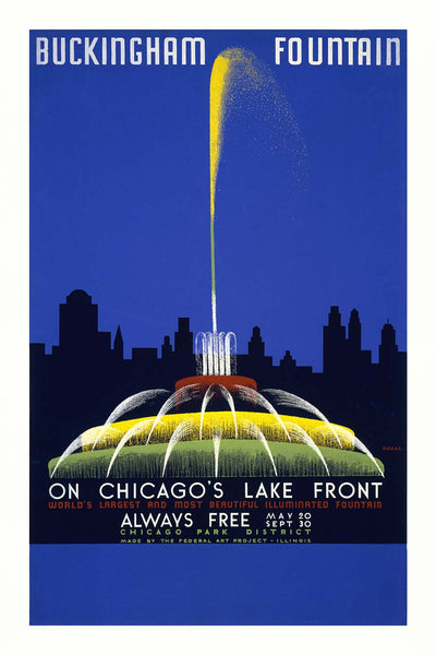 Chicago Travel Poster: Buckingham Fountain by John Buczak, 1939