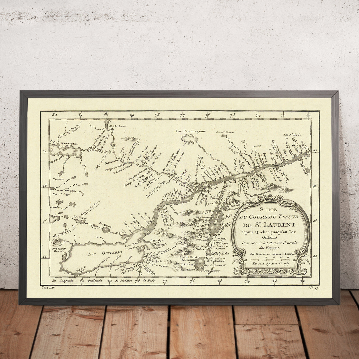 Old Map of Quebec and Ontario by Bellin, 1757: St. Lawrence River, Lac Ontario, Lac Champlain, Fort Carillon, Fort Edward