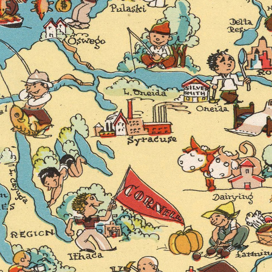 Mappa Pittorica di New York di Ruth Taylor White, 1935: NYC, Cascate del Niagara, Adirondacks, Canale Erie, Fiume Hudson 