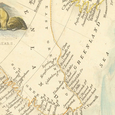 Mapa antiguo de Canadá de Tallis, 1851: Montreal, condado de la bahía de Hudson, estrecho de Fury y Hecla, viñetas, decoración