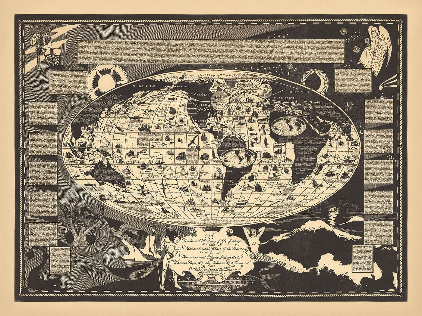 Alte Bildkarte der Seefahrtsgeschichte von Turpin, 1935: Sibirien, Alaska, Europa, berühmte Schiffe, Seeungeheuer