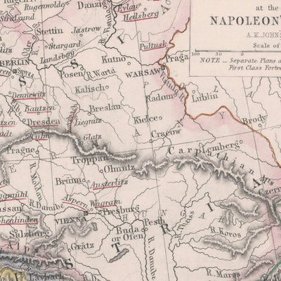 Mapa militar antiguo de la Europa napoleónica de Johnston, 1812: París, Viena, Roma, batallas, campañas