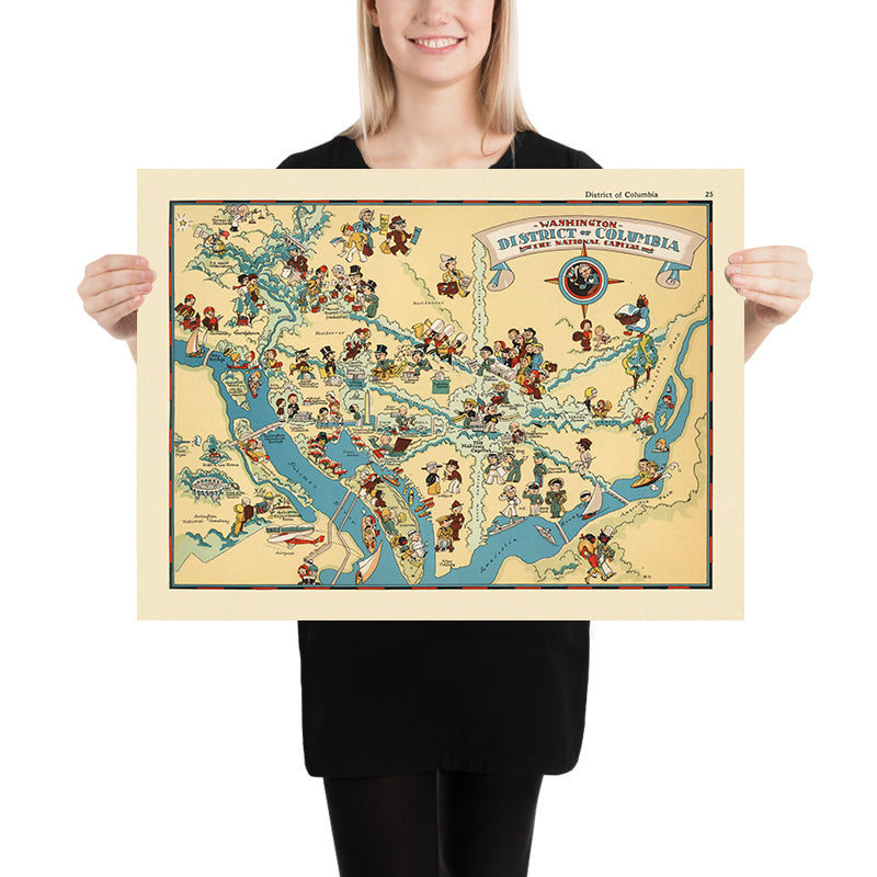 Mappa pittorica di Washington D.C. di Ruth Taylor White, 1935: Campidoglio, Casa Bianca, Memoriale di Lincoln, Monumento a Washington, Fiume Potomac 