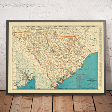 Alte Karte von South Carolina, 1930: Charleston-Inneneinfügung, Columbia, Greenville, Eisenbahnen & Hauptstraßen, Savannah River 