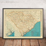 Mapa antiguo de Carolina del Sur, 1930: detalle de Charleston, Columbia, Greenville, ferrocarriles y carreteras, río Savannah 