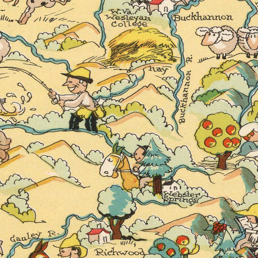 Mappa Pittorica della Virginia Occidentale di Ruth Taylor White, 1935: Charleston, Huntington, Miniere di carbone, Contee, Appalachi 