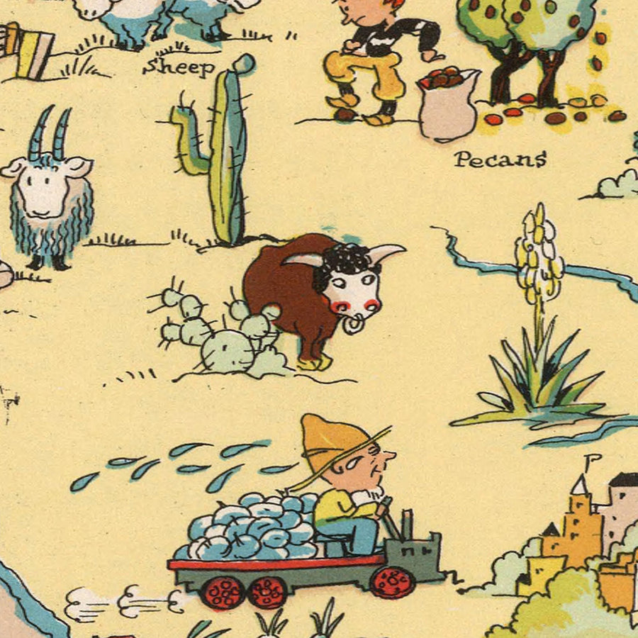 Mappa Pittorica del Texas di Ruth Taylor White, 1935: Houston, Dallas, San Antonio, Campi Petroliferi, Ranch 