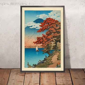Gerahmtes Bild des herbstlichen Chuzenji-Sees in Nikko mit dem Berg Fuji von Hasui Kawase, 1935