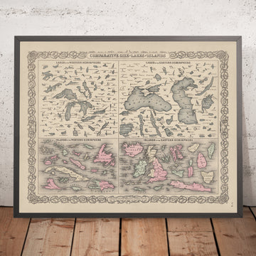 La dimensione comparativa dei laghi e delle isole del mondo, 1886: emisferi nord e sud, Grandi Laghi, Mar Nero, ecc. 