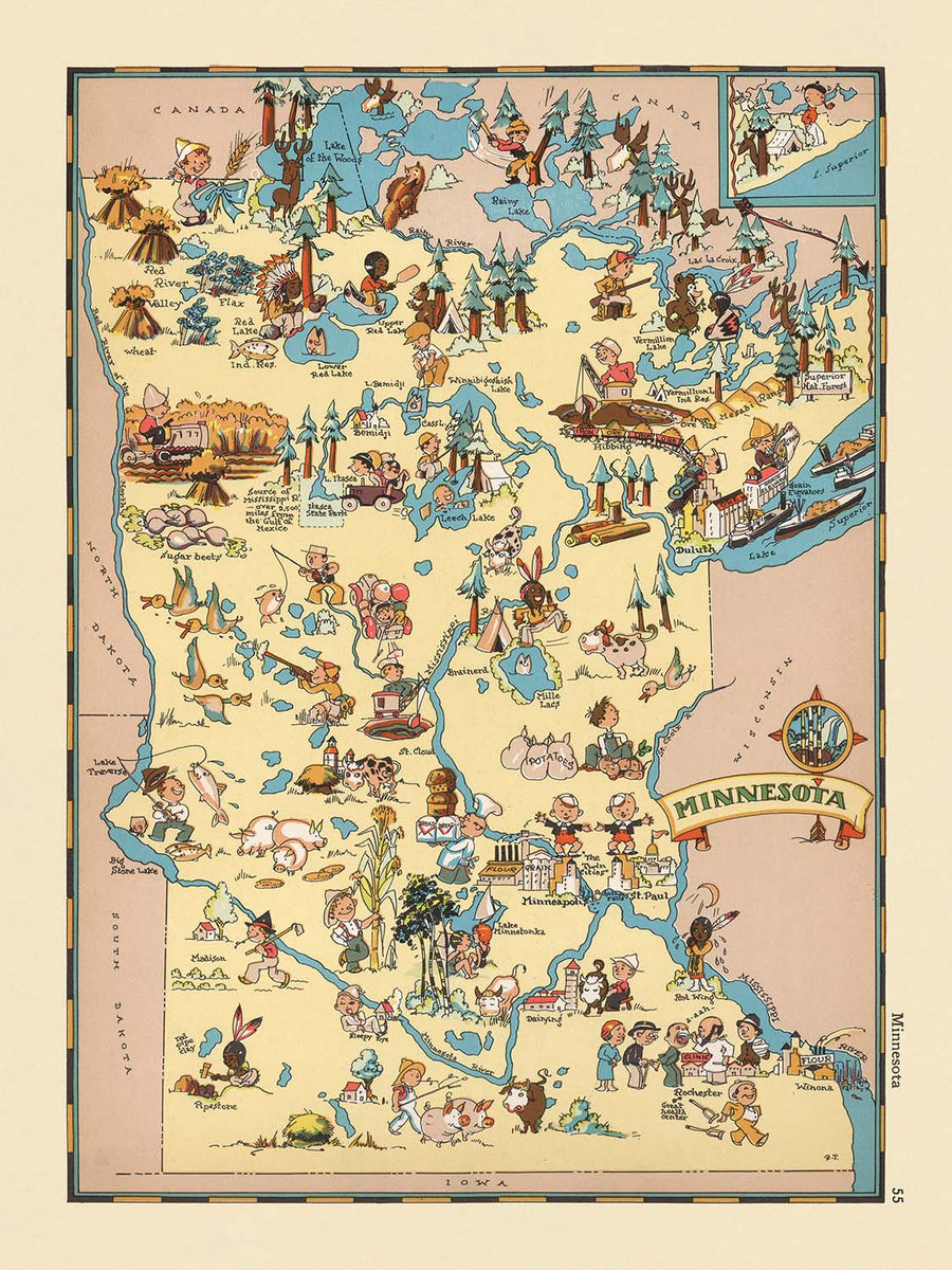 Mappa Pittorica del Minnesota di Ruth Taylor White, 1935: Minneapolis, Saint Paul, Duluth, Terra dei 10.000 Laghi, Industria del Legname 