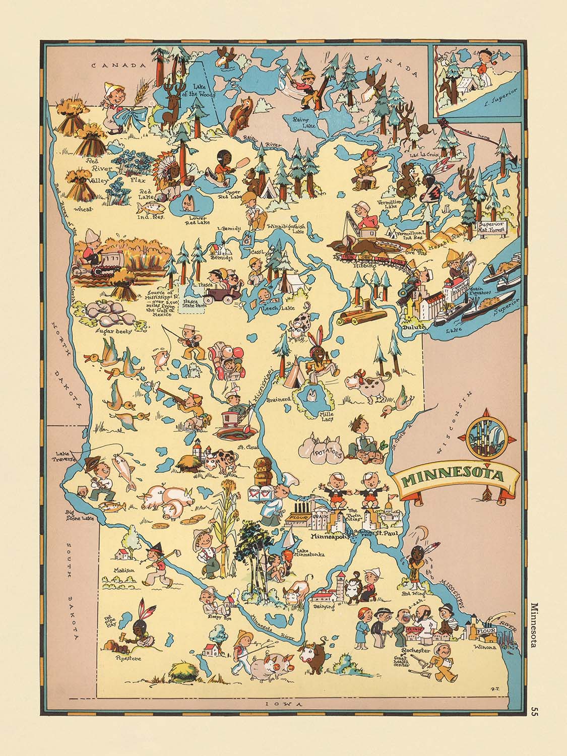 Pictorial Map of Minnesota by Ruth Taylor White, 1935: Minneapolis, Saint Paul, Duluth, Land of 10,000 Lakes, Timber Industry