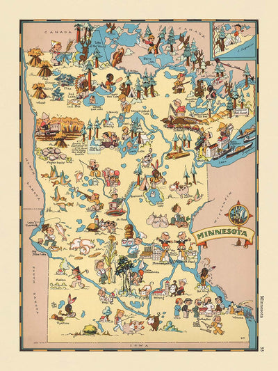 Pictorial Map of Minnesota by Ruth Taylor White, 1935: Minneapolis, Saint Paul, Duluth, Land of 10,000 Lakes, Timber Industry