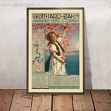 Cartel de viaje de los lagos Maggiore, Como y Lugano: Gotthard-Bahn de Gabriele Chiattone, 1906 
