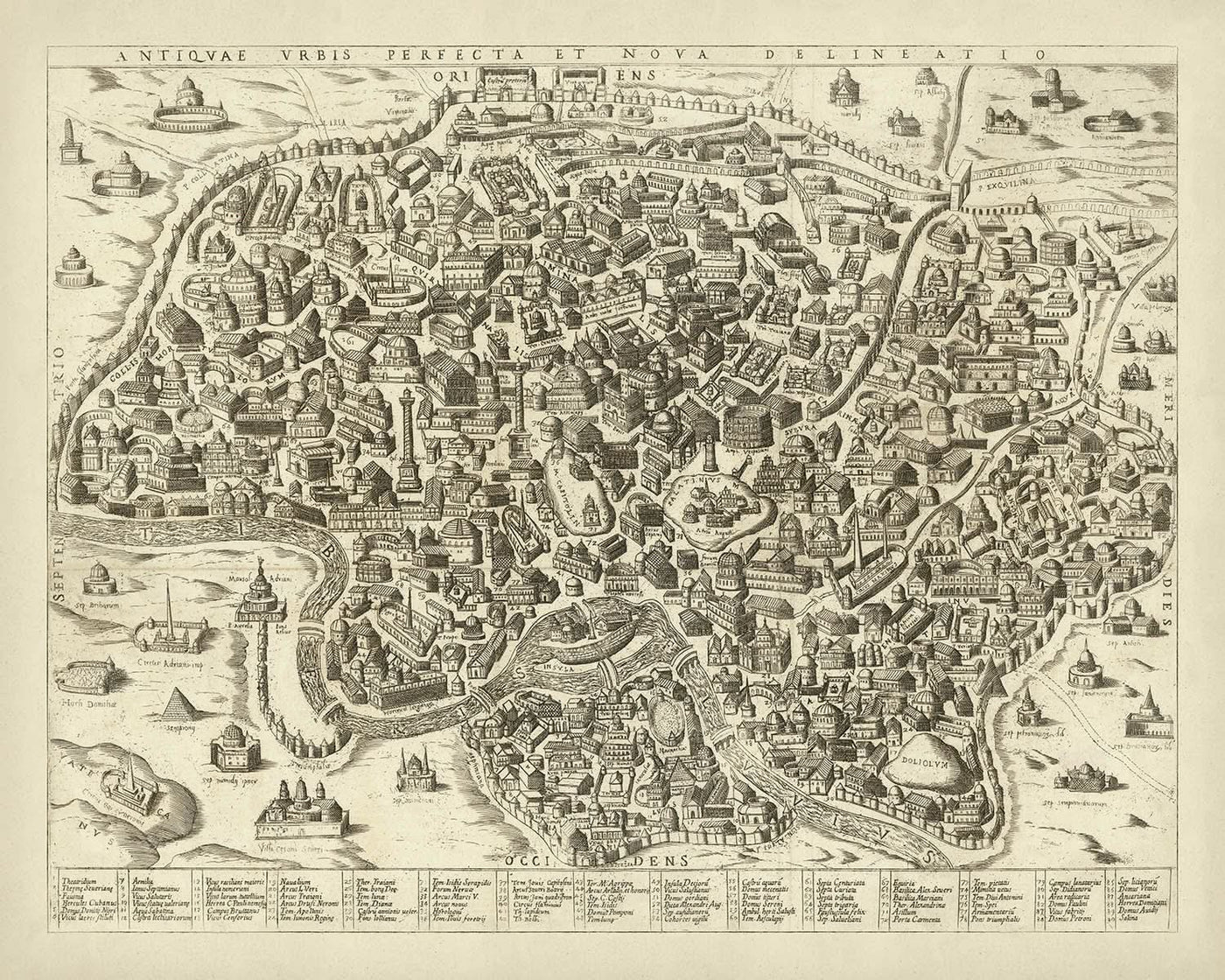 Old Pictorial Map of Rome, 1600: Colosseum, Circus Maximus, Pantheon, Roman Forum, Via Appia