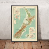 Old Topographic Map of New Zealand by Bartholomew, 1922: Auckland, Wellington, Christchurch, Southern Alps, Cook Strait