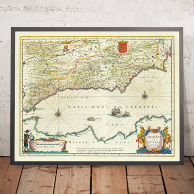 Old Map of Southern Spain by Blaeu, 1640: Granada, Murcia, Malaga, Naval Battle