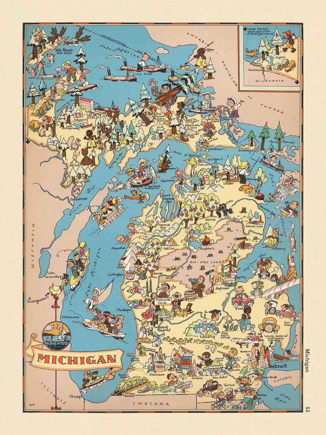 Pictorial Map of Michigan by Ruth Taylor White, 1935: Detroit, Great Lakes, Lumber, Autos, Orchards, Recreation