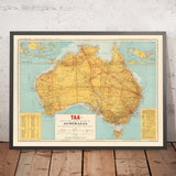 Large Aviation Map of Australia 1958: Sydney, Melbourne, Trans-Australian Railway, Great Dividing Range, TAA air routes