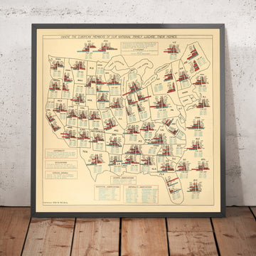 Old European Family Names Immigration Map of United States by King, 1906