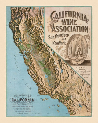 Mapa topográfico antiguo de California, 1903: Los Ángeles, San Francisco, Napa, Sonoma, Océano Pacífico