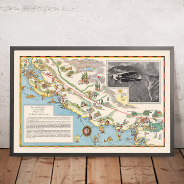 Antica mappa illustrata del percorso aereo San Francisco–Los Angeles, 1929: Yosemite, Lago Tahoe, Baia di Monterey, Passo Grapevine, Valle Centrale 
