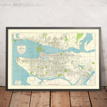 Antica mappa della città di Vancouver di Wrigley, 1947: Stanley Park, Lions Gate Bridge, Burrard Inlet, False Creek, Fraser River 