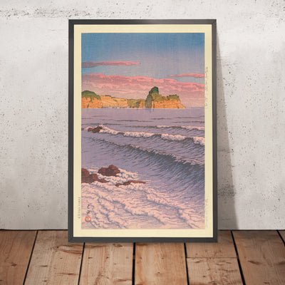 A framed image of Shinbeshi Bikuni Ocean Waves by Hasui Kawase, 1935