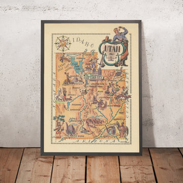 Antica mappa illustrata dello Utah di Liozu, 1946: Great Salt Lake, Salt Lake City, Zion NP, Bryce Canyon, Provo 