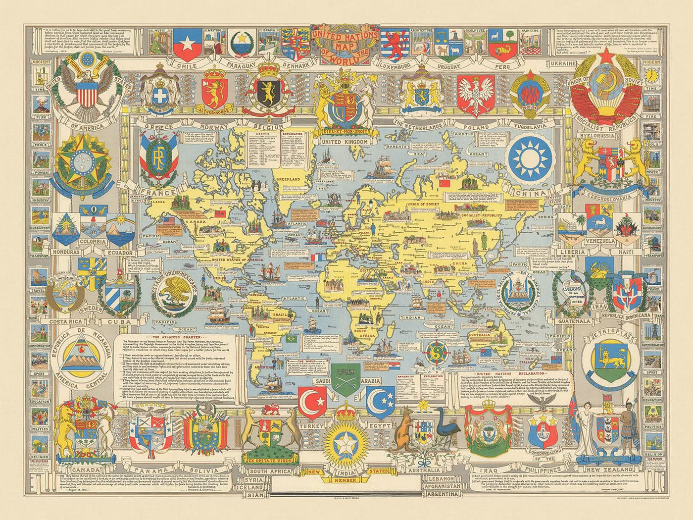 Alte Weltkarte der Vereinten Nationen, 1948: Nachkriegszeit, Bildstil, Bartholomew-Erstellung