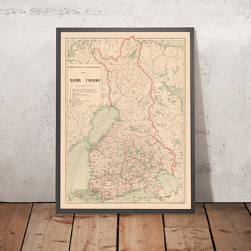 Mappa antica della Finlandia, 1897: Helsinki, Tampere, Golfo di Botnia, Ferrovie, Confini 