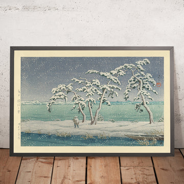 A framed image of Snow at Hinuma Swamp in Mito by Hasui Kawase 1935