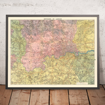 Antiguo mapa victoriano de Londres, 1890: muy detallado, límites de condado, reducido a partir del Ordnance Survey 