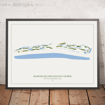 A framed image of Kiawah Island Ocean Course in the style of a simple and modern golf course map