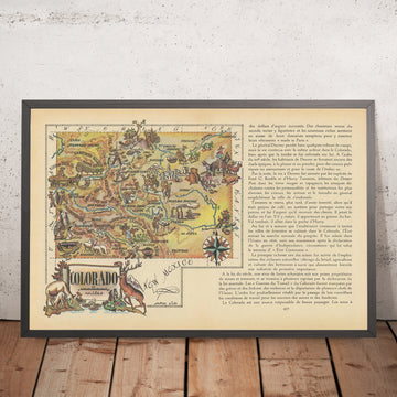 Antica mappa illustrata del Colorado di Liozu, 1946: Denver, Colorado Springs, Pueblo, Boulder, Montagne Rocciose 