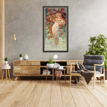 A framed image of The Seasons: Spring by Alphonse Mucha, 1896