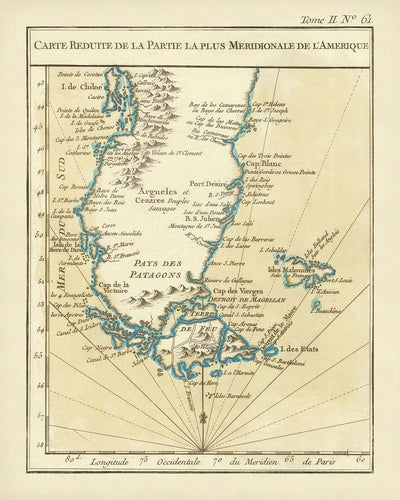 Carte ancienne de la Patagonie et du détroit de Magellan par Bellin, 1764 : Détroits, Patagonie, Andes, Cap Horn, Malouines